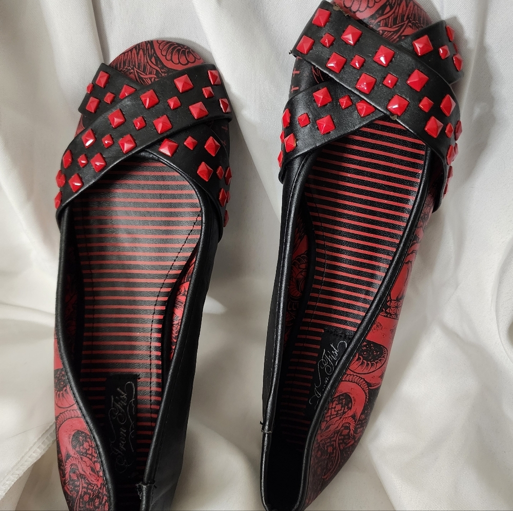 *SOLD* NIB Iron Fist 'Adam & Evil' Black Red Print Flats Red Studs